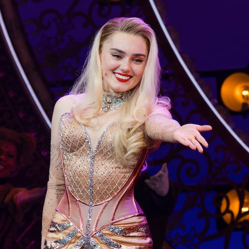This image released by Boneau/Bryan-Brown shows Meg Donnelly during the curtain call after making her Broadway debut in "Moulin Rouge! The Musical" in New York on Tuesday, Nov. 11, 2025. (Avery Brunkus/Boneau/Bryan-Brown via AP)