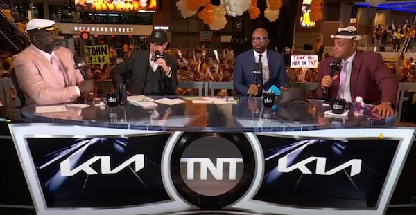 From left, "Inside the NBA" hosts Shaquille O'Neal, Ernie Johnson Jr., Kenny Smith and Charles Barkley saying goodbye on set.
