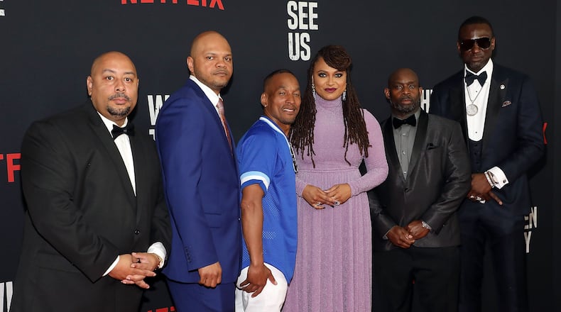 "When They See Us" director Ava DuVernay (center) with Kevin Richardson, Antron Mccray, Raymond Santana Jr., Korey Wise and Yusef Salaam, collectively known as the Central Park Five. (Photo by Dimitrios Kambouris/Getty Images)