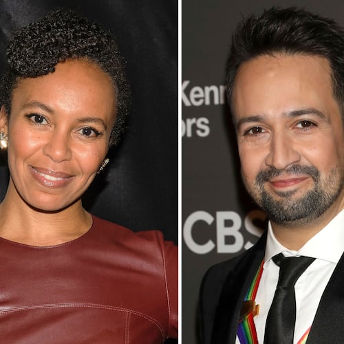 Eisa Davis appears at The 2016 Lucille Lortel Awards for Outstanding Achievement Off-Broadway on May 1, 2016, in New York, left, and Lin-Manuel Miranda appears at the Kennedy Center Honors in Washington on Dec. 3, 2023. (AP Photo)