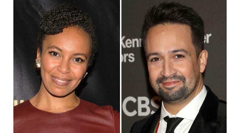 Eisa Davis appears at The 2016 Lucille Lortel Awards for Outstanding Achievement Off-Broadway on May 1, 2016, in New York, left, and Lin-Manuel Miranda appears at the Kennedy Center Honors in Washington on Dec. 3, 2023. (AP Photo)