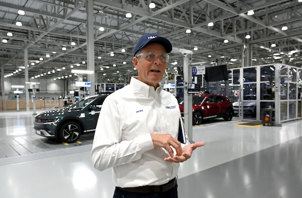 Jerald Roach, a top general assembly executive at the Metaplant, speaks as he leads a tour of the assembly line at Hyundai Motor Group Metaplant America (HMGMA) on Wednesday, May 6, 2026, in Ellabell, Georgia. Hyundai Metaplant behind-scenes-tour as the plant prepares to start a second shift and a second production line. Plant tour and interview with top plant officials. (Hyosub Shin/AJC)