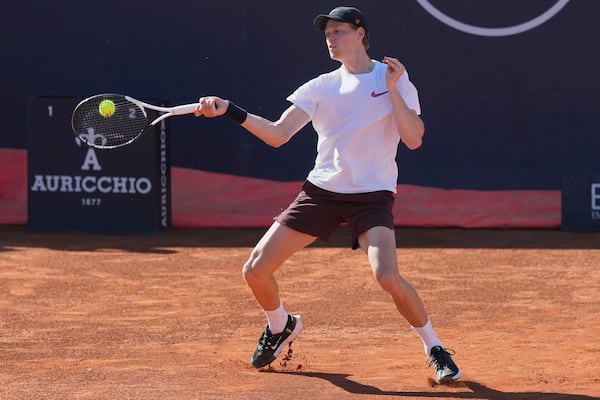 Italy's Jannik Sinner hits the ball during the training session with Lorenzo Sonego at the Italian Open tennis tournament, Tuesday, May 6, 2025, in Rome. (Alfredo Falcone/LaPresse via AP)
