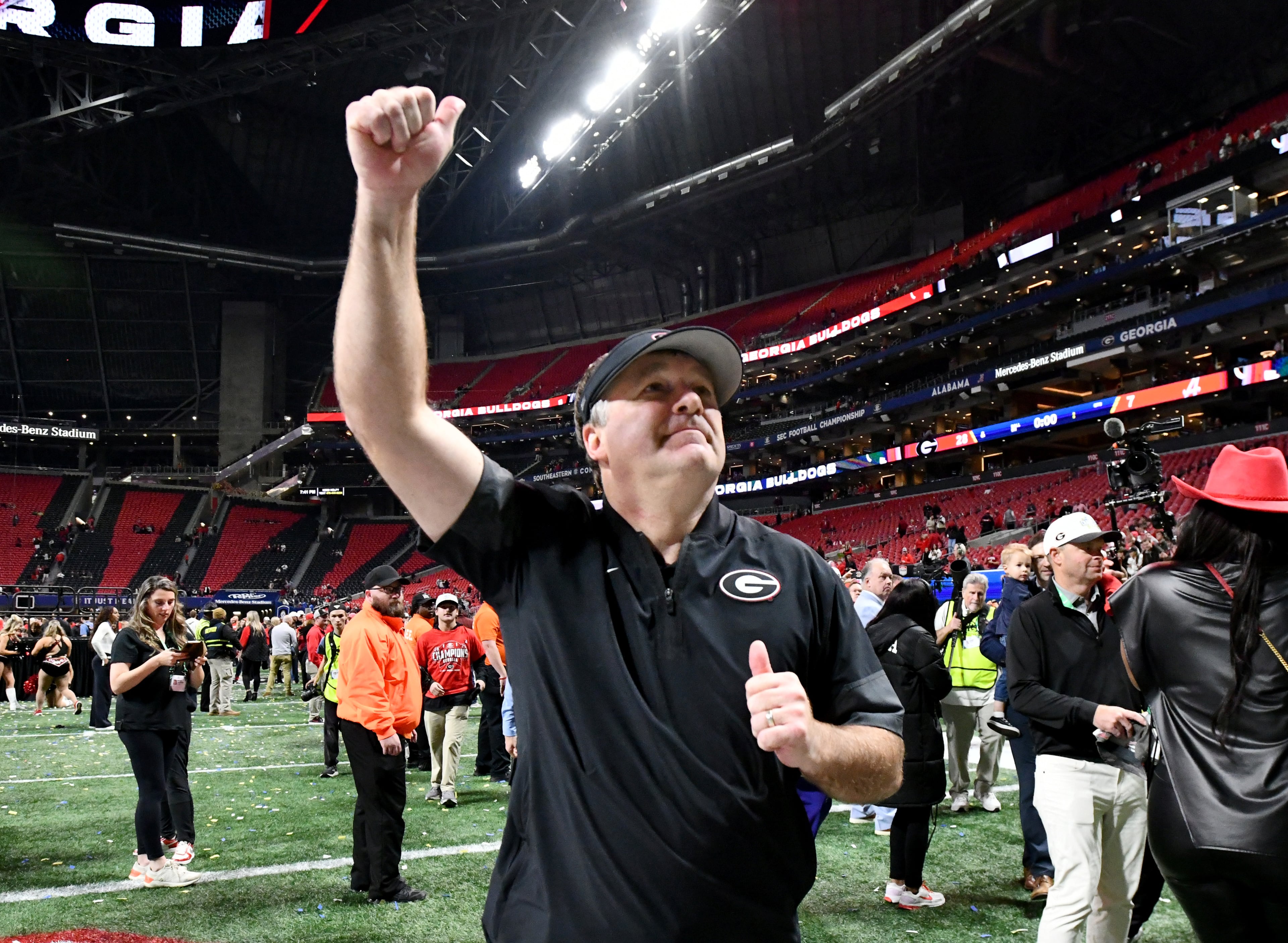 Georgia head coach Kirby Smart celebrates after defeating Alabama 28-7 in the SEC Championship football game at the Mercedes-Benz Stadium, Saturday, December 6, 2025 in Atlanta. (Hyosub Shin / AJC)