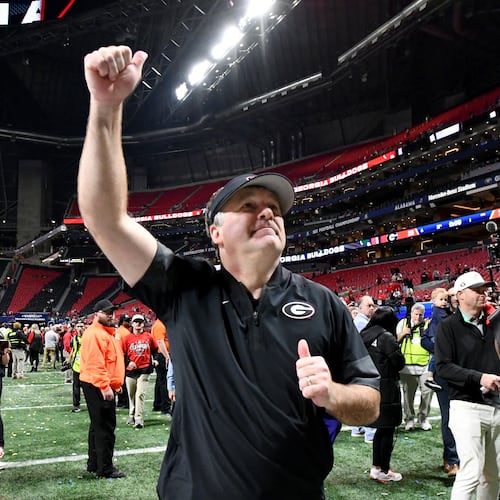 Georgia head coach Kirby Smart celebrates after defeating Alabama during the SEC championship game at Mercedes-Benz Stadium on Saturday, Dec. 6, 2025, in Atlanta. After two decommitments over the last week, the 2027 class in Athens had fallen to No. 31 nationally for the 247Sports Team Composite rankings. (Hyosub Shin/AJC)