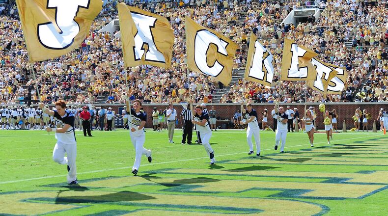 Members of the Georgia Tech Yellow Jackets Cheerleaders perform during the game against Jacksonville State Gamecocks on September 9, 2017 in Atlanta, Georgia. Photo by Scott Cunningham/Getty Images)