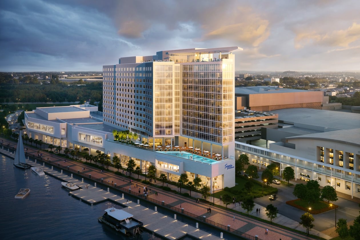 A rendering of a large, modern hotel at golden hour on Hutchison Island next to the Savannah Convention Center.
