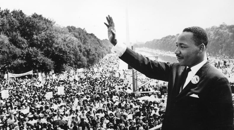 Martin Luther King Jr. (1929 - 1968) addresses crowds during the March On Washington at the Lincoln Memorial, Washington DC, where he gave his 'I Have A Dream' speech on Aug. 28, 1963.