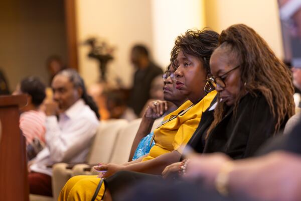 Vivian Thomas, grandmother of Mayor Jayden Williams, sits in the audience during an investigative hearing on Saturday, September 12, 2026 at Stockbridge City Hall. (Frankie Cole for the AJC)