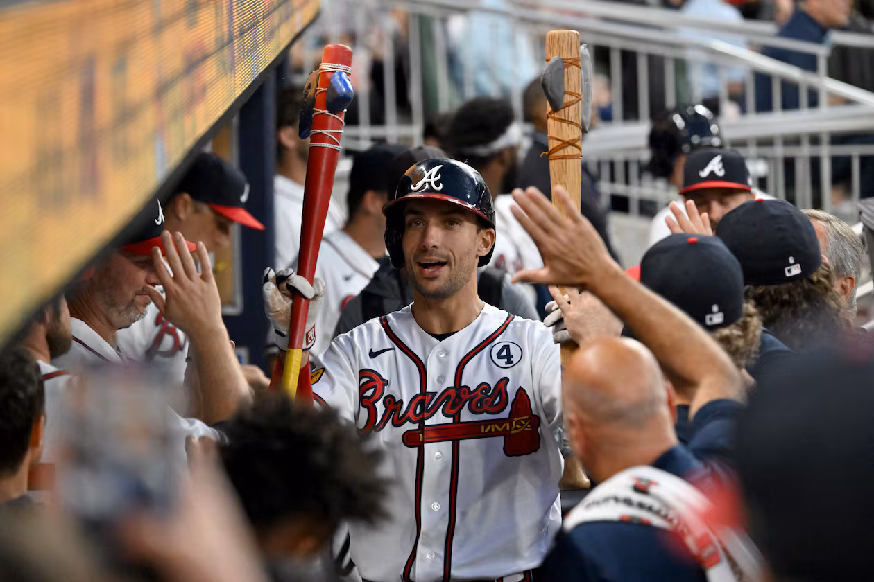 Atlanta Braves first baseman Matt Olson (28) celebrates with teammates after hitting a solo home run during the sixth inning of a baseball game at Truist Park, Tuesday, June 2, 2026, in Atlanta. Atlanta Braves won 4-3 over Toronto Blue Jays. (Hyosub Shin/AJC)