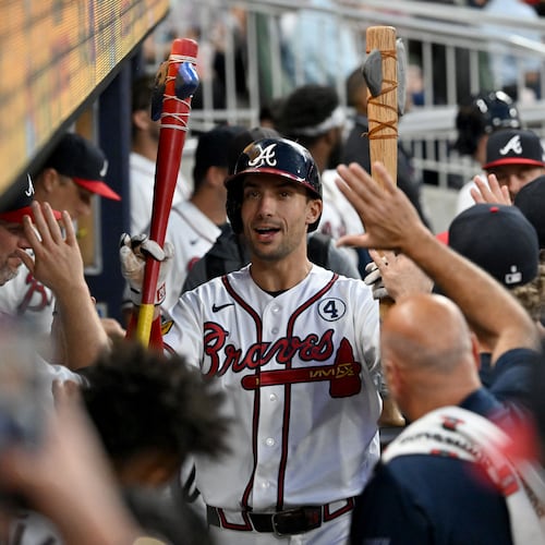 Atlanta Braves first baseman Matt Olson (28) celebrates with teammates after hitting a solo home run during the sixth inning of a baseball game at Truist Park, Tuesday, June 2, 2026, in Atlanta. Atlanta Braves won 4-3 over Toronto Blue Jays. (Hyosub Shin/AJC)