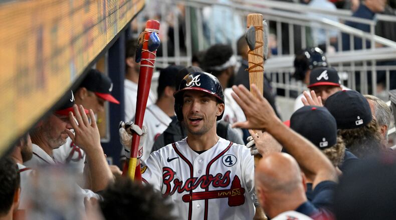 Atlanta Braves first baseman Matt Olson (28) celebrates with teammates after hitting a solo home run during the sixth inning of a baseball game at Truist Park, Tuesday, June 2, 2026, in Atlanta. Atlanta Braves won 4-3 over Toronto Blue Jays. (Hyosub Shin/AJC)