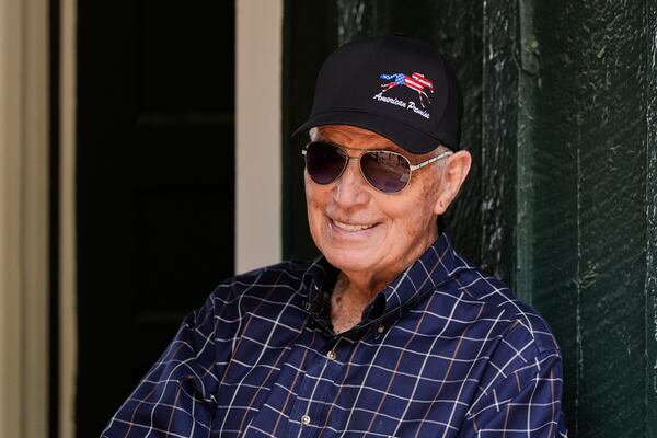 FILE - Trainer D. Wayne Lukas talks to media after arriving at Pimlico Race Course in Baltimore, with Preakness Stakes entrant American Promise, May 12, 2025. (AP Photo/Stephanie Scarbrough, File)