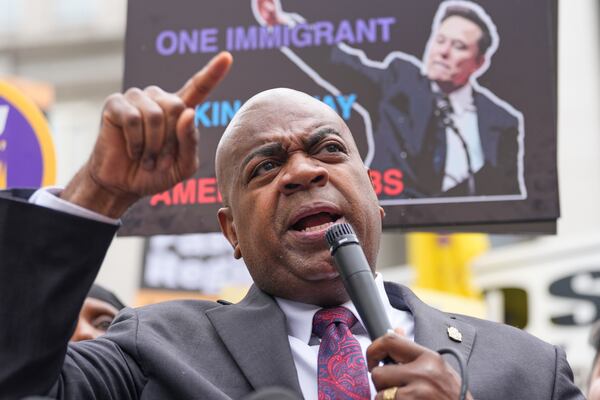 Mayor Ras Baraka speaks to supporters and media after a court appearance in Newark, N.J., Thursday, May 15, 2025. (AP Photo/Seth Wenig)