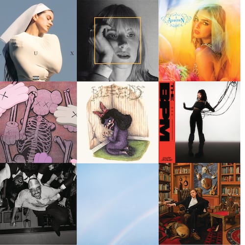 This combination of album covers shows, top row from left, "LUX" by Rosalía, "Ego Death At a Bachelorette Party" by Hayley Williams, "Addison" by Addison Rae, middle row from left, “Let God Sort Em Out” by Clipse, "Bleeds" by Wednesday, "The BPM" by Sudan Archives, bottom row from left, "Baby" by Dijon, "Never Enough" by Turnstile, and "Snipe Hunter" by Tyler Childers. (Columbia/Post Atlantic/Columbia/Roc Nation/Dead Ocean/Stones Throw Records/R&R-Warner Records/Roadrunner Records/RCA via AP)