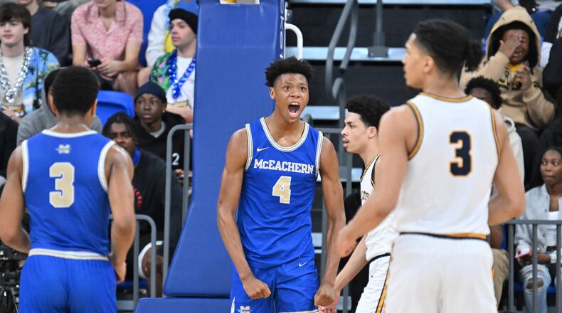 McEachern's Ace Bailey (4) reacts after scoring during the first half of GHSA Class 7A Semifinal  basketball game at GSU’s Convocation Center, Saturday, Mar. 2, 2024, in Atlanta. (Hyosub Shin / Hyosub.Shin@ajc.com)