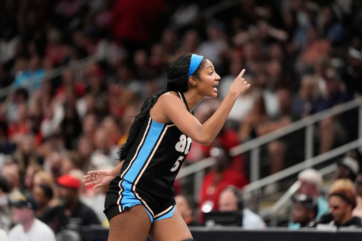 Atlanta Dream forward Angel Reese (5) reacts in the second half of an WNBA basketball game Sunday, Aug. 16, 2026, in Atlanta. (AP Photo/Brynn Anderson)