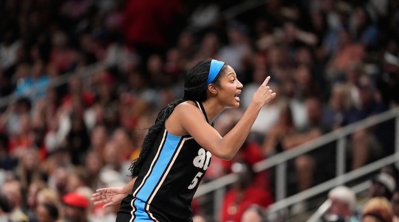 Atlanta Dream forward Angel Reese (5) reacts in the second half of an WNBA basketball game Sunday, Aug. 16, 2026, in Atlanta. (AP Photo/Brynn Anderson)