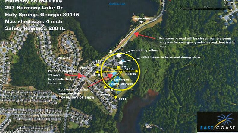 Display depicts the set-up for the July 4th fireworks show at Harmony on the Lakes in Holly Springs. CITY OF HOLLY SPRINGS/EAST COAST PYROTECHNICS