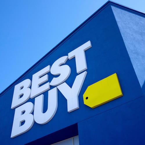 FILE - A Best Buy logo is shown at a store in Dallas on Oct. 25, 2024. (AP Photo/Tony Gutierrez, File)