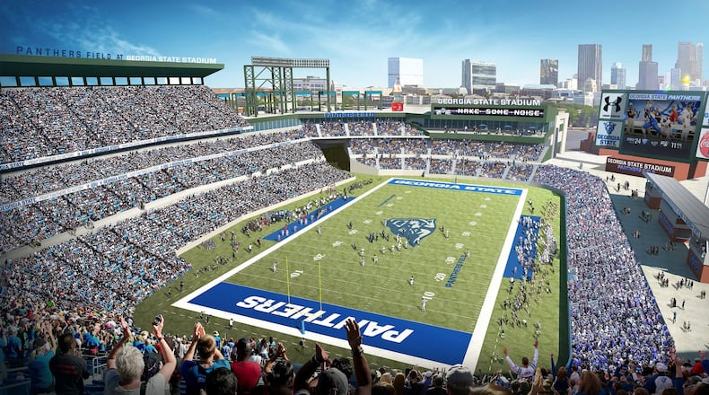 A rendering of Turner Field as a Georgia State Panthers football stadium, the cornerstone of a $300 million mixed-use development and southern extension of Georgia State’s campus. The stadium is slated for conversion into a football stadium with an initial capacity of 23,000 seats that could expand to 33,000. Source: Georgia State