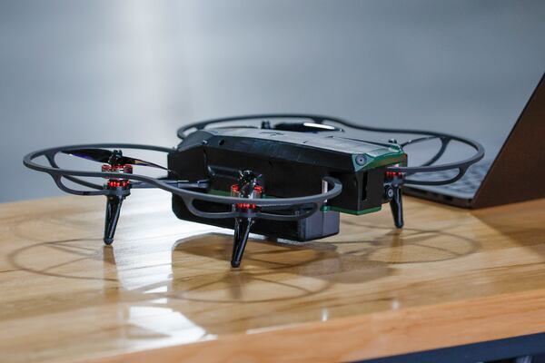 A drone sits inside Flock Safety’s new facility in Smyrna on Wednesday, April 2, 2025. Three models of drones will be produced at the plant. (Miguel Martinez/AJC)