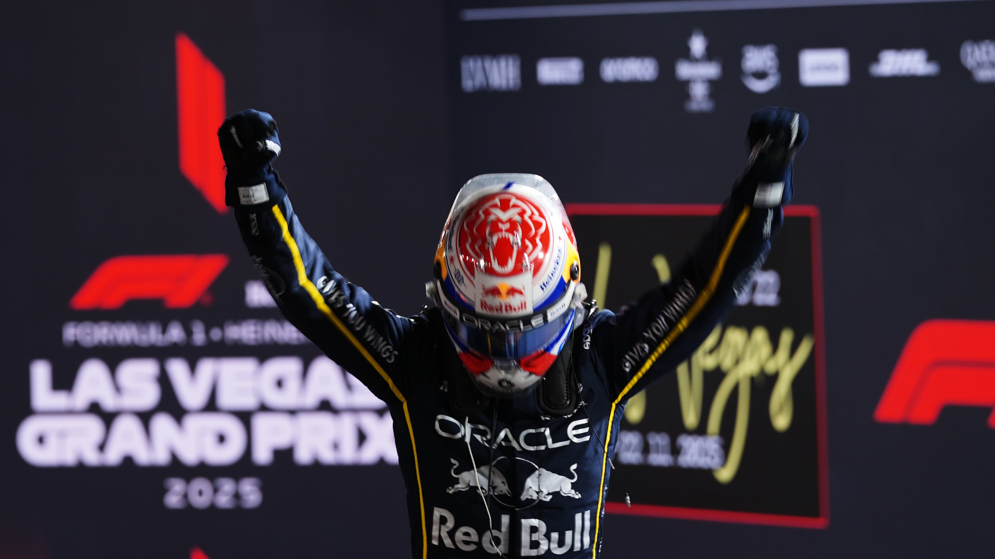 First place finisher Red Bull driver Max Verstappen of the Netherlands celebrates after the Formula One Las Vegas Grand Prix auto race, Saturday, Nov. 22, 2025 in Las Vegas. (AP Photo/Eric Gay)