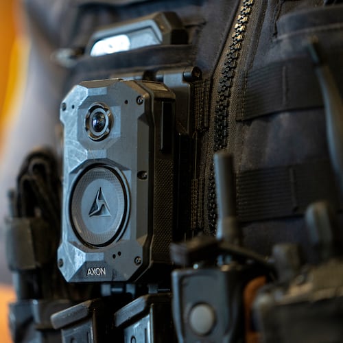 FILE - An Axon body camera is worn by MSGT Matt Gilmore who is one of the officers using Axon's Draft One AI software at OKCPD headquarters on Friday, May 31, 2024 in Oklahoma City, Oklahoma. (AP Photo/Nick Oxford, File)