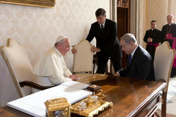 FILE - Pope Francis meets Israeli Prime Minister Benjamin Netanyahu, at the Vatican, Monday, Dec. 2, 2013. (AP Photo/Alessandra Tarantino, Pool, File)