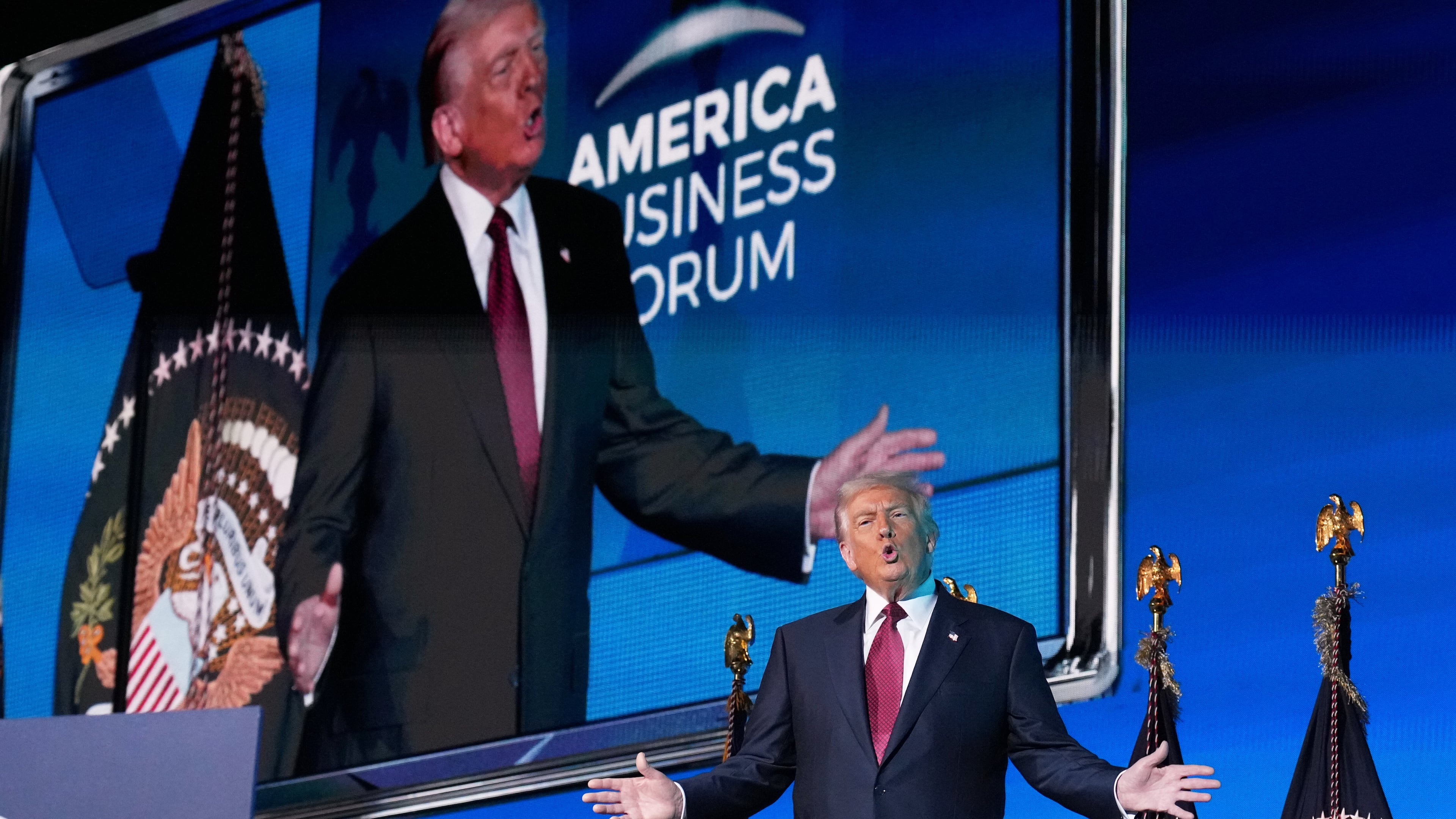 President Donald Trump arrives to speak to the America Business Forum Miami, at the Kaseya Center, Wednesday, Nov. 5, 2025, in Miami. (AP Photo/Jacquelyn Martin)