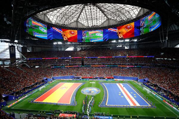 The teams from Spain and Cape Verde walk onto the field during the teams’ presentation before the World Cup Group H soccer match at Atlanta Stadium (Mercedes-Benz Stadium) on Monday, June 15, 2026. (Miguel Martinez/AJC)