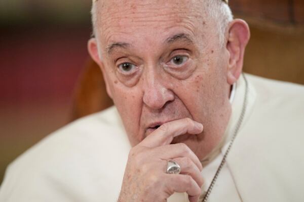 FILE - Pope Francis speaks during an interview with The Associated Press at the Vatican, Tuesday, Jan. 24, 2023. Francis acknowledged that Catholic bishops in some parts of the world support laws that criminalize homosexuality or discriminate against the LGBTQ community, and he himself referred to homosexuality in terms of "sin." (AP Photo/Andrew Medichini, File)