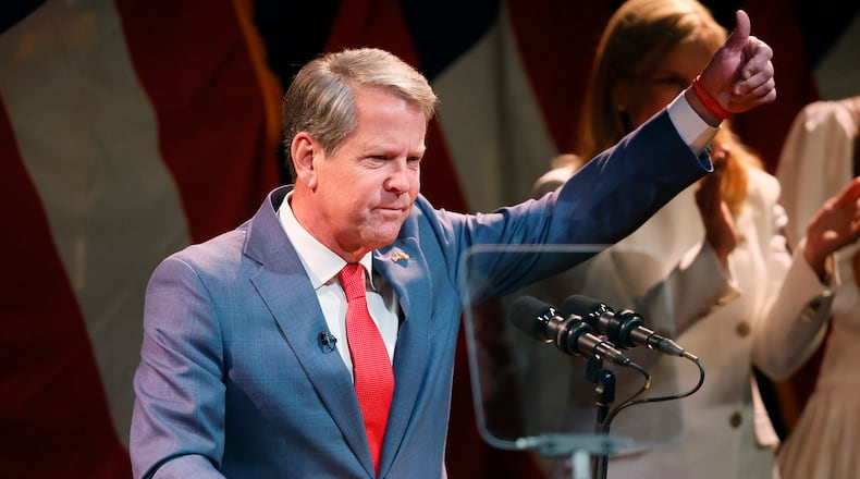 Gov. Brian Kemp speaks to supporters in Atlanta after being reelected on Nov. 8, 2022. (Jason Getz/AJC)