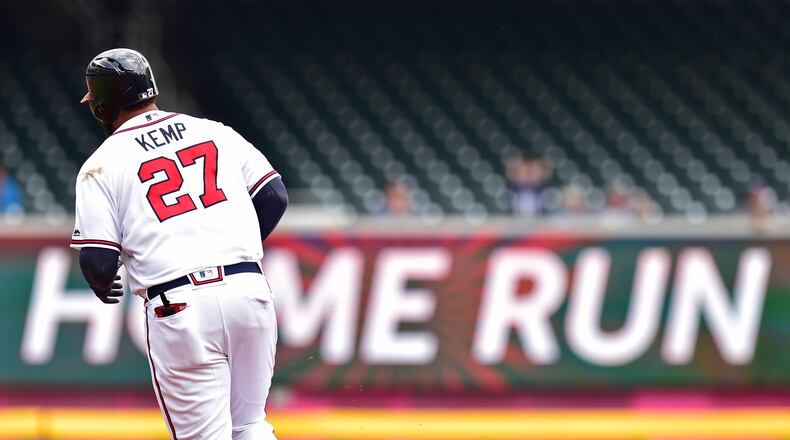 Braves' Matt Kemp rounds the bases after hitting a first inning two-run home run against the Texas Rangers at SunTrust Park Wednesday, Sept. 6, 2017, in Atlanta.