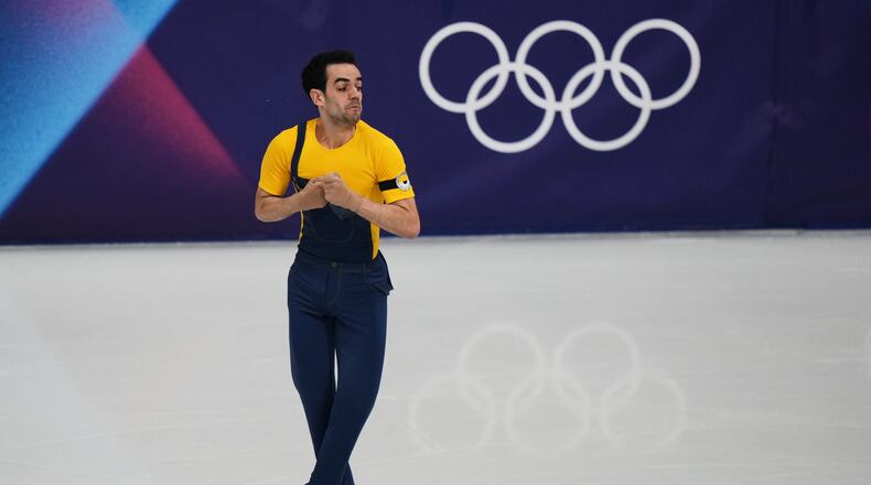 Tomas Guarino Sabate of Spain competes during the men's figure skating short program at the 2026 Winter Olympics, in Milan, Italy, Tuesday, Feb. 10, 2026. (AP Photo/Stephanie Scarbrough)