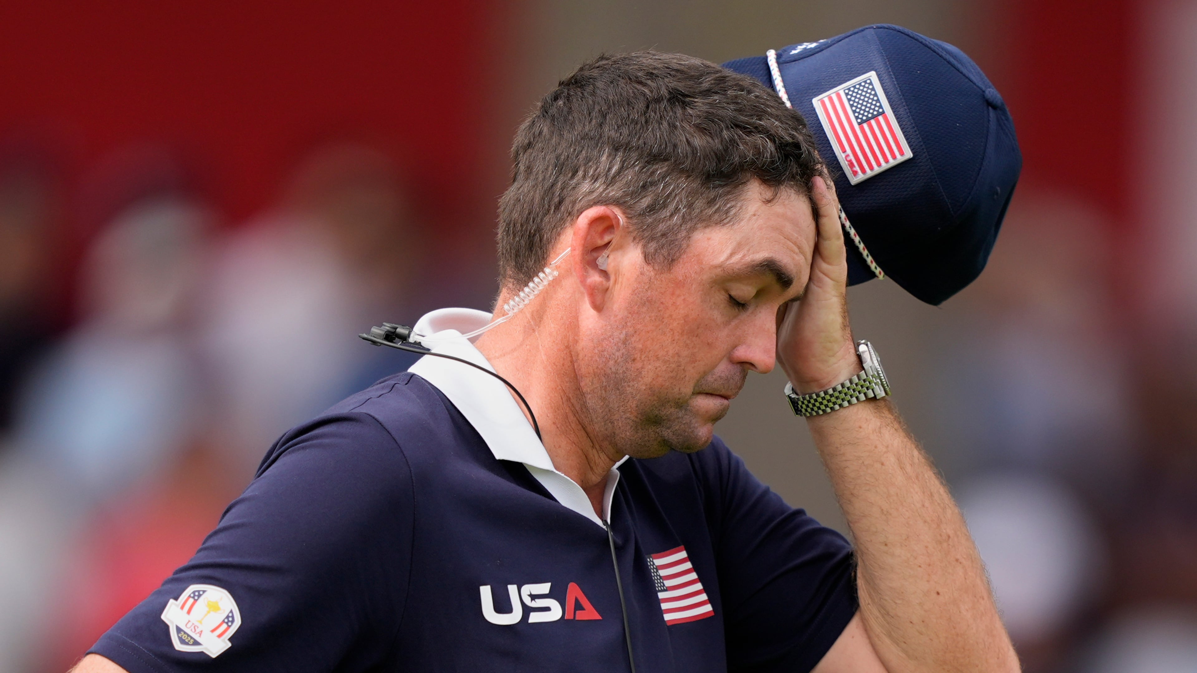 United States captain Keegan Bradley reacts on the second hole at Bethpage Black golf course during the Ryder Cup golf tournament, Saturday, Sept. 27, 2025, in Farmingdale, N.Y. (AP Photo/Robert Bukaty)