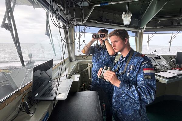 View of the bridge of the HNLMS Tromp, a Royal Netherlands Navy guided missile frigate, patrolling on the North Sea ahead of the NATO summit in The Hague, Netherlands, Thursday, June 19, 2025. (AP Photo/Aleksandar Furtula)