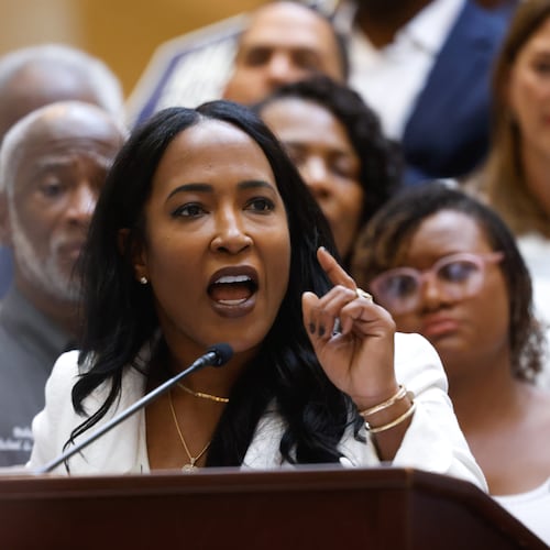 State Rep. Tanya Miller, D-Atlanta, who is running for attorney general, speaks at a press conference featuring House and Senate Democratic caucuses before the state legislature convenes for a special session in Atlanta on June 17, 2026. Georgia Republican leaders later announced that they wouldn’t redraw the state’s political maps during the session. (Arvin Temkar/AJC)