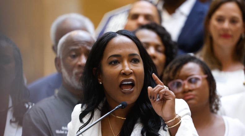State Rep. Tanya Miller, D-Atlanta, who is running for attorney general, speaks at a press conference featuring House and Senate Democratic caucuses before the state legislature convenes for a special session in Atlanta on June 17, 2026. Georgia Republican leaders later announced that they wouldn’t redraw the state’s political maps during the session. (Arvin Temkar/AJC)