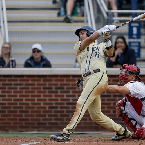 Georgia Tech's Ryan Zuckerman (11) hits a two RBI single against Oklahoma during the third inning of the Atlanta Regional game at Russ Chandler Stadium, Sunday, May 31, 2026, in Atlanta. Tech lost 15-8, setting up a rubber match with Oklahoma on Monday that will decide who advances. (Erik S. Lesser for the AJC)