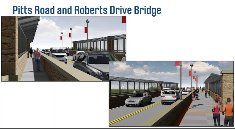 Artist’s renderings depict proposed new bridges carrying Pitts Road and Roberts Drive over Ga. 400, with the enhancements requested by Sandy Springs. CITY OF SANDY SPRINGS