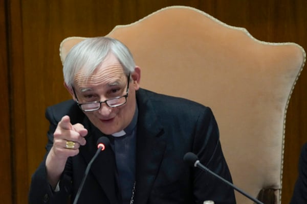 FILE - Cardinal Matteo Zuppi delivers his address opening the works of the 77th General Assembly of the Italian Bishops Conference at the Vatican, Tuesday, May 23, 2023. (AP Photo/Gregorio Borgia, File)