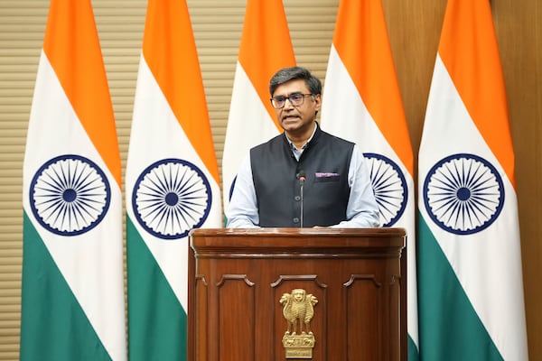 India's Foreign Secretary Vikram Misri addressed a press briefing in New Delhi, India, Saturday, May 10, 2025. (AP Photo/Karma Bhutia)