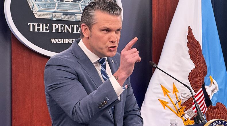 Defense Secretary Pete Hegseth speaks to members of the media during a press briefing at the Pentagon in Washington, Thursday, April 16, 2026. (AP Photo/Kevin Wolf)