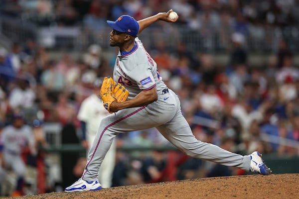 New York Mets pitcher Huascar Brazobán delivers in the sixth inning of a baseball game against the Atlanta Braves, Thursday, June 19, 2025, in Atlanta. (AP Photo/Colin Hubbard)