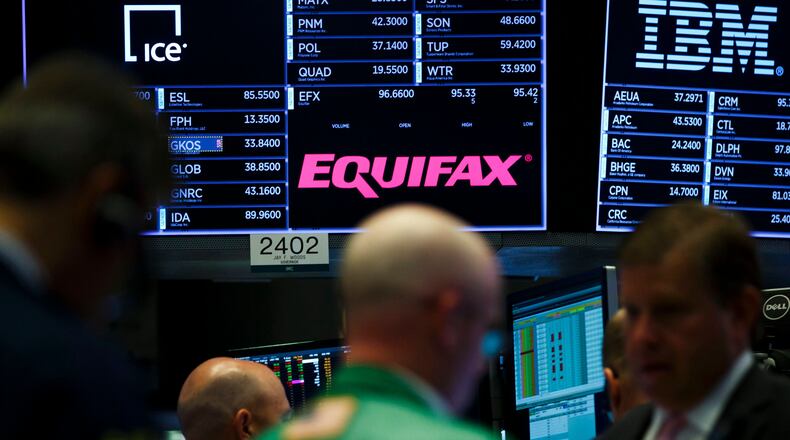 A view of a sign for the company Equifax on the floor of the New York Stock Exchange in New York, New York, USA, on 15 September 2017.