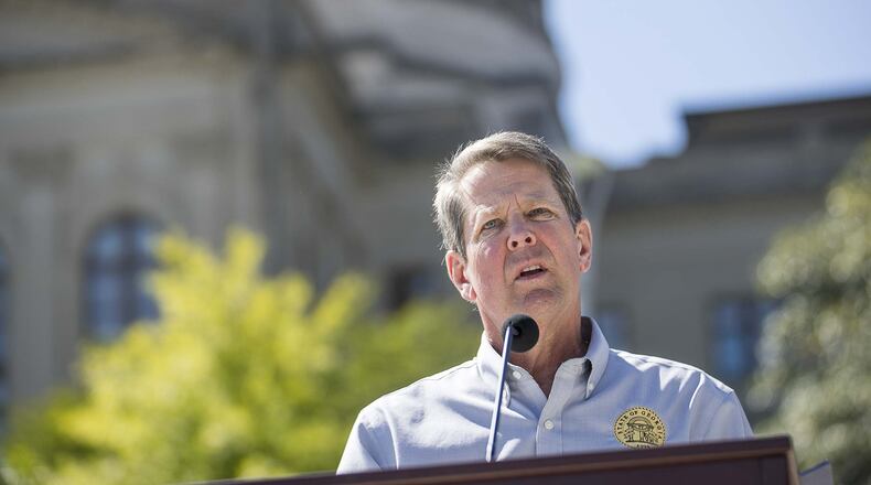 Gov. Brian Kemp makes remarks during a press conference at Liberty Plaza, across the street from the Georgia State Capitol building Monday, April 20, 2020. (ALYSSA POINTER / ALYSSA.POINTER@AJC.COM)
