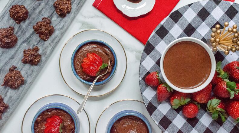 Quinoa Superfood Truffles (from left), Mocha Bittersweet Chocolate Pudding and Chocolate Peanut Powder Dipping Sauce are heart-healthy chocolate treats you can feel good about enjoying for Valentine’s Day. (Virginia Willis for The Atlanta Journal-Constitution)