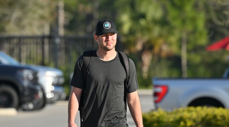 Atlanta Braves pitcher Jared Shuster arrives for the third of the Braves spring training at CoolToday Park, Wednesday, Feb. 15, 2023, in North Port, Fla.. (Hyosub Shin / Hyosub.Shin@ajc.com)
