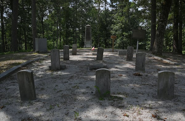 Monuments and headstones of Revolutionary War soldiers stand on War Hill near Kettle Creek in Washington. The site resembles a cemetery, but no bodies are buried there; the markers honor men who fought across Georgia and the South. (Hyosub Shin/AJC)